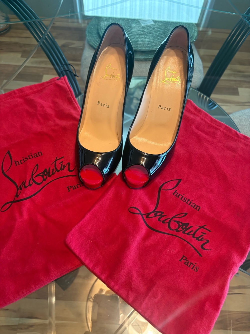 Christian Louboutin Black Patent Peep-Toe Pumps with Red Toem